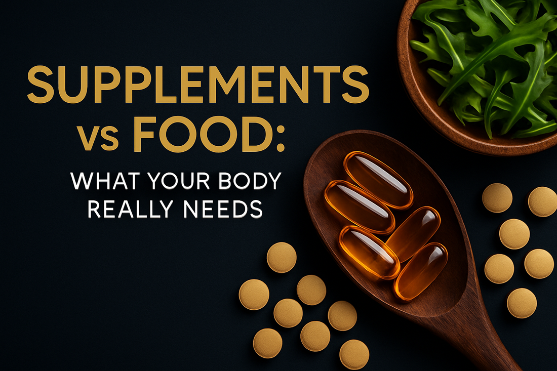 Supplements vs food comparison showing whole foods with capsules and tablets – Revora Wellbeing.