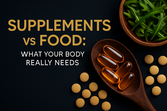 Top view of capsules and whole foods on a dark background representing supplements versus food and what your body really needs for energy and sleep.