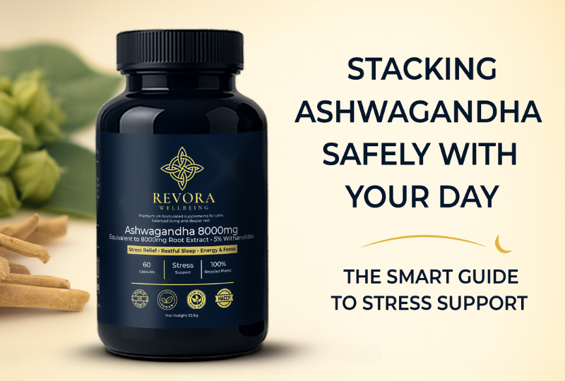 Revora ashwagandha supplement bottle with the words stacking ashwagandha safely with your day representing calm focus and stress support through a daily routine.