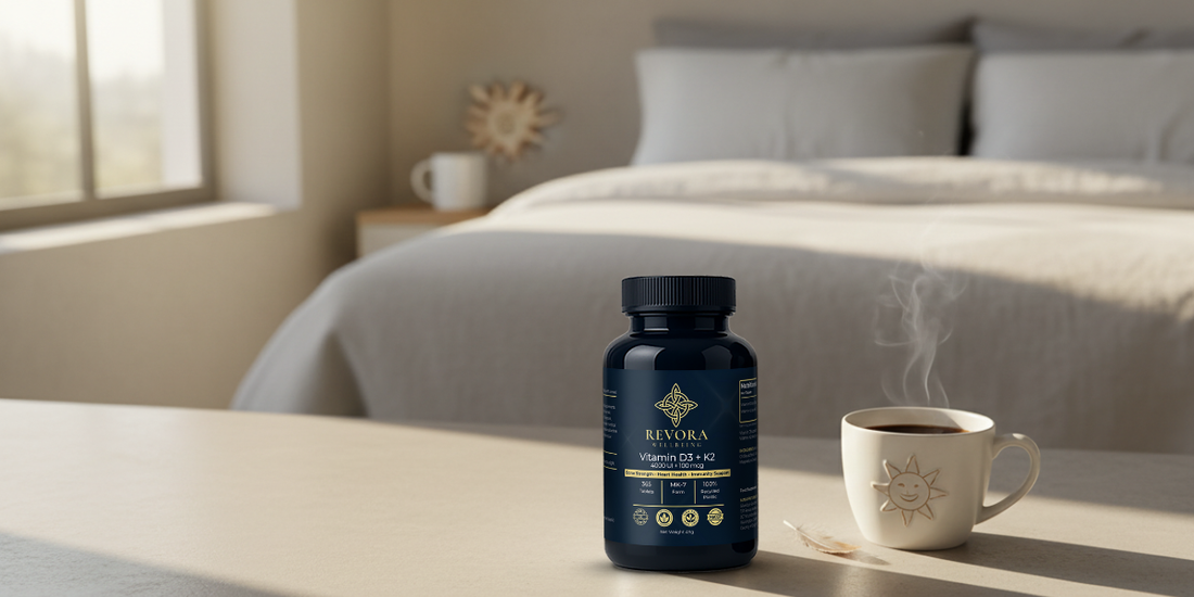 Revora Vitamin D3 + K2 supplement bottle on a bedside table representing vitamin D support for people in the UK with low sunlight and tiredness.