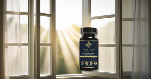 Revora Wellbeing Vitamin D3 and K2 supplement bottle placed near a sunlit window with soft natural light